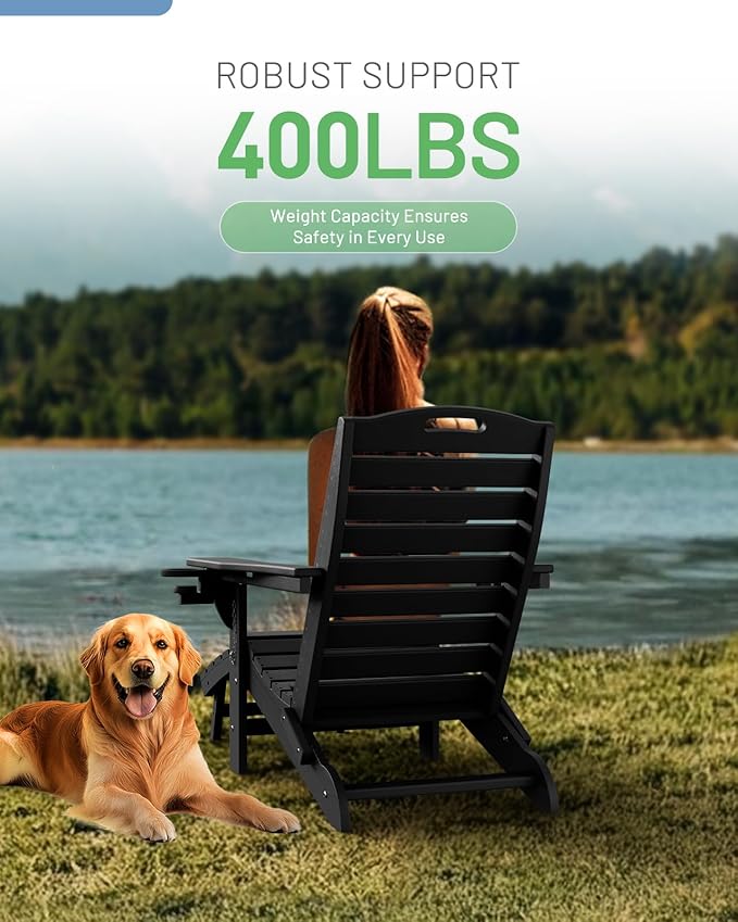 Folding Adirondack Chair with Retractable Ottoman Weather Resistant Fire Pit Chair Patio Chair with 2 Cup Holder Lawn Outdoor Lounge Chair (Black)