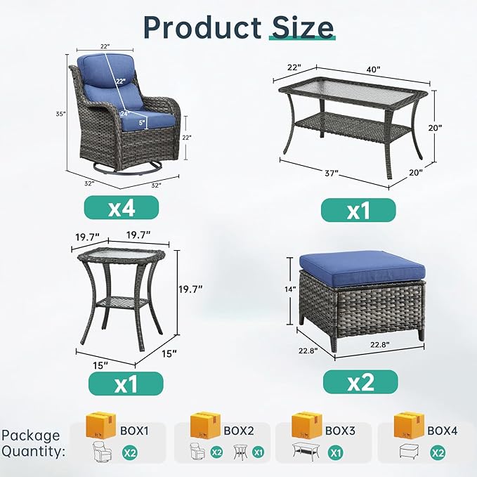 Outdoor Swivel Rocker Patio Chairs Set of 4 with Coffee Table - 5" Thick Cushion 8 Piece Furniture Set All Weather Comfortable Wicker Conversation Set for Porch Deck - Gray/Blue