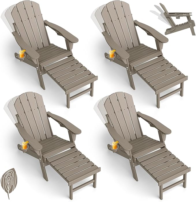 GREENVINES Adjustable Adirondack Chair with Retractable Ottoman Set of 4 | Folding | Wood Grain HDPE Plastic | Fire Pit Chairs w/Foot Rest | 2 Cup Holders | Desert Brown | for Outdoor Poolside