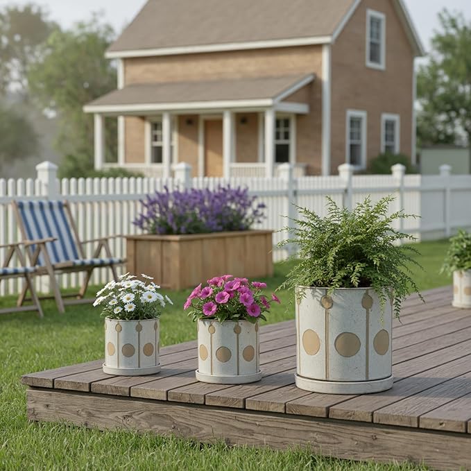 Ceramic Plant Pots Planters with Drainage Hole and Saucer Indoor Flower Pot Set with Hole Mesh Pad and Silicone Plug 4.72 + 5.51 + 6.5 Inch