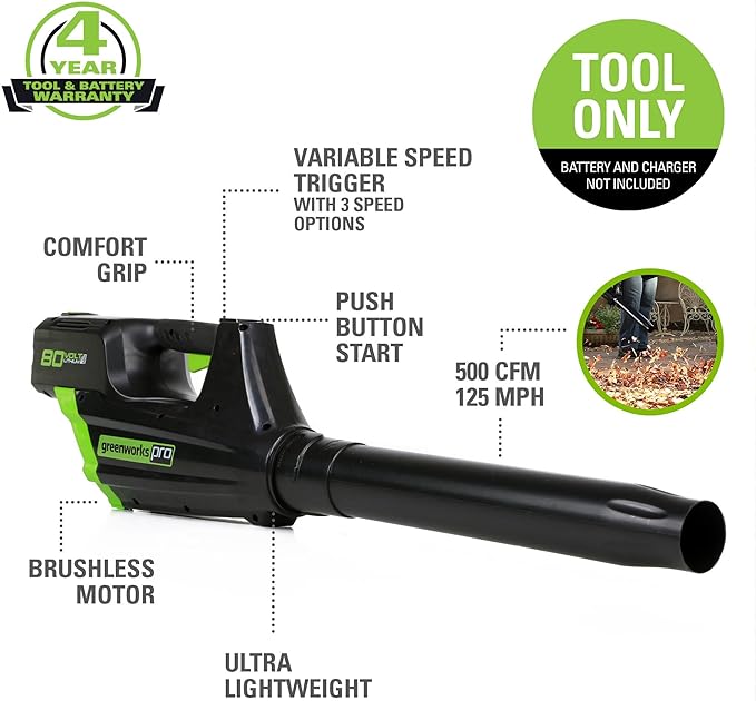 Greenworks 80V (125 MPH / 500 CFM / 75+ Compatible Tools) Cordless Axial Leaf Blower, Tool Only