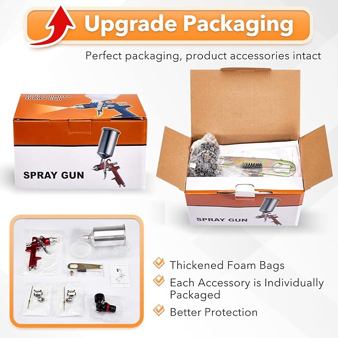 BANG4BUCK High Performance HVLP Gravity Feed Spray Gun with 1.4mm 1.7mm 2.5mm Fluid Tips, 1000cc Aluminum Cup for Auto Paint, Primer, Clear/Top Coat & Touch-Up