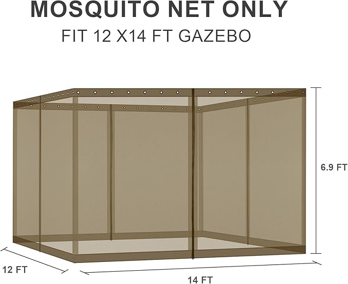 BPS 12' x 14' Gazebo Universal Mosquito Netting Screen Replacement, 4-Panel Screen Walls with Double Zippers for Outdoor Patio, Brown (Mosquito Net Only)
