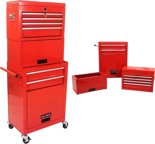 6 Drawers Rolling Tool Box Organizer,2 Tier High Capacity Tool Chest with Wheels,Lockable Rolling Tool Chest with 2 Cabinet,Detachable Tool Box Workshop Storage Cabinet (2 Tier-6 Drawers(Red))