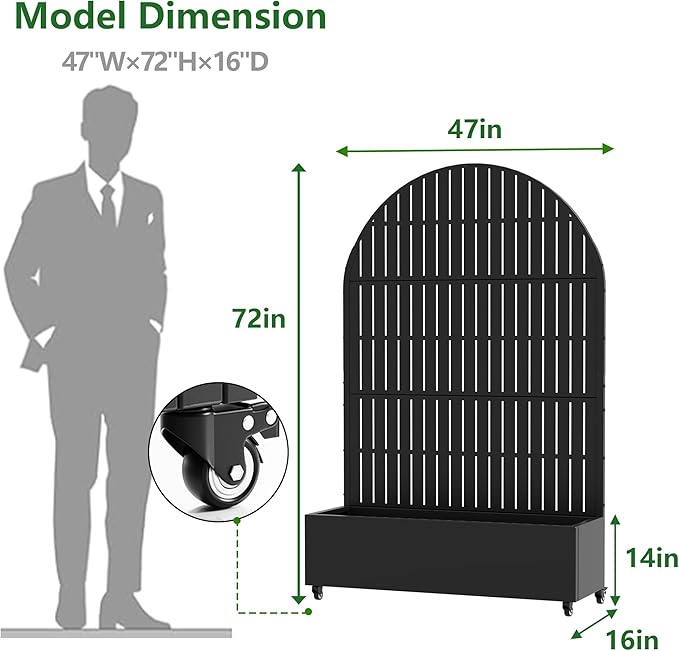 Casaphoria Raised Garden Bed Metal Planter Box with Trellis, 72"x47"x16" for Outdoor Climbing Plants, Flowers Vegetables and Vines Privacy Screen with Wheels and Drainage Holes(Black Vertical)