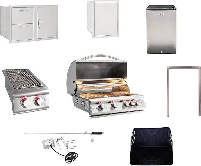 BLAZE BBQ Outdoor Grill Package 5 of 32” LTE Built-in Natural Gas Grill, LTE Built-In Double Side Burner, 32” Door & Two Drawers Combo, Roll Double Trash Drawer, Compact Refrigerator and Accessories