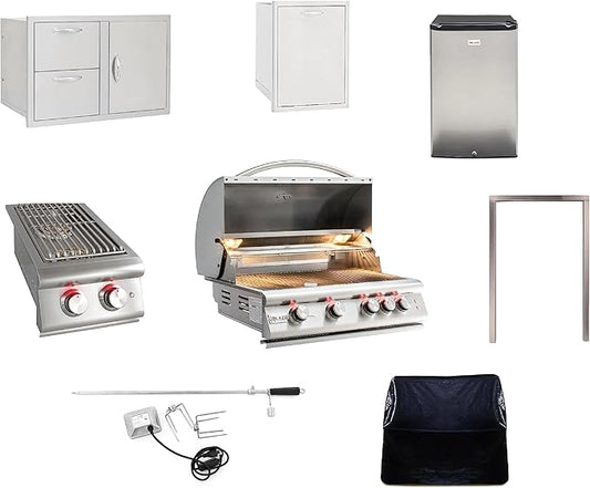 BLAZE BBQ Outdoor Grill Package 5 of 32” LTE Built-in Natural Gas Grill, LTE Built-In Double Side Burner, 32” Door & Two Drawers Combo, Roll Double Trash Drawer, Compact Refrigerator and Accessories