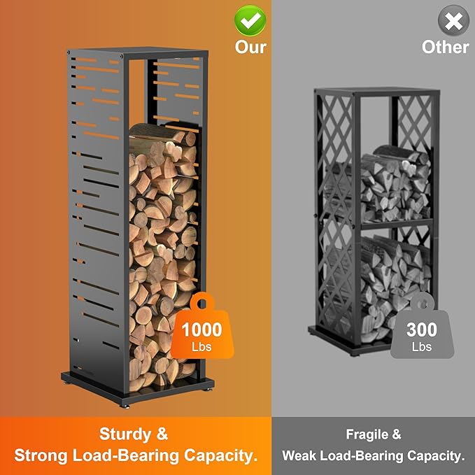 Firewood Rack, Wood Stacker Firewood Outdoor, Black Metal, 44.1 Inches, 1000 lbs Capacity, Indoor Decorative Wood Holder for Woodshed, Storeroom, Basement (Rectangularslot)