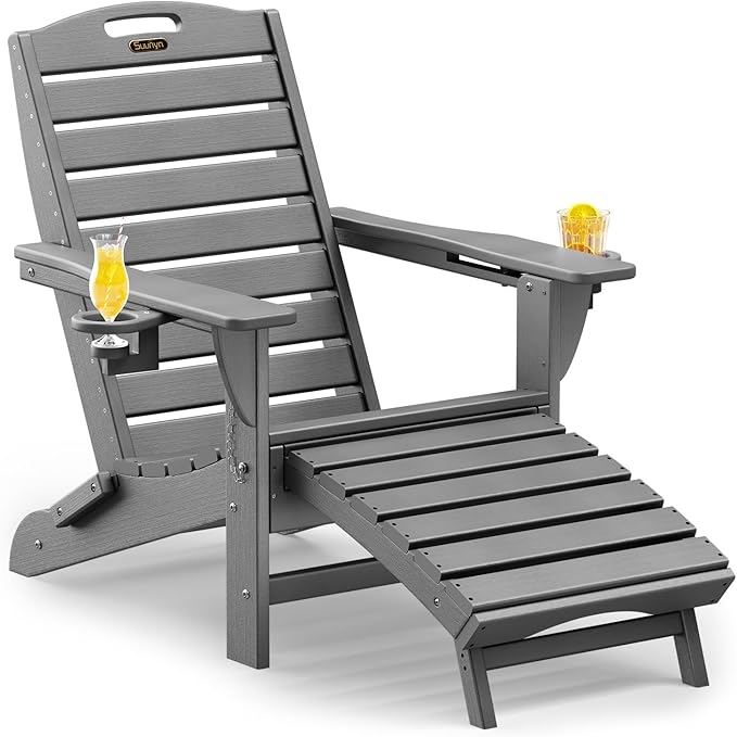 Folding Adirondack Chair with Retractable Ottoman Weather Resistant Fire Pit Chair Patio Chair with 2 Cup Holder Lawn Outdoor Lounge Chairs (Grey)