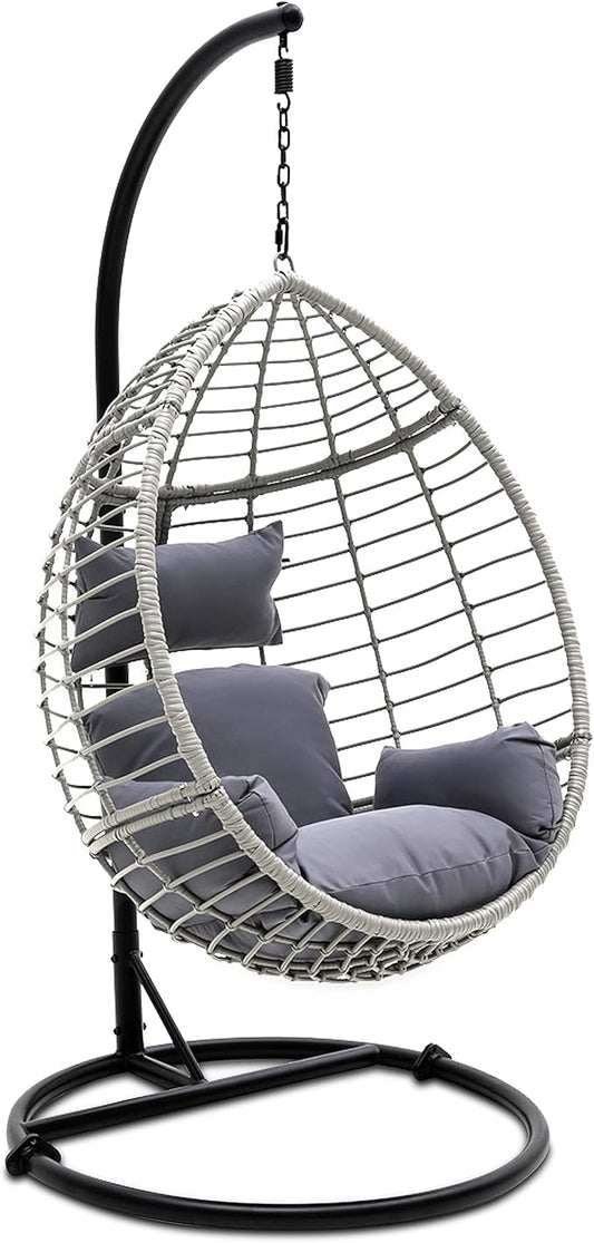 SereneLife Hanging Egg Chair with Stand - Indoor Outdoor Patio Wicker Rattan Lounge Chair with Stand, Steel Frame, UV Resistant Washable Cushions for Garden Backyard Deck Sunroom SLGZ0EGG (Gray)