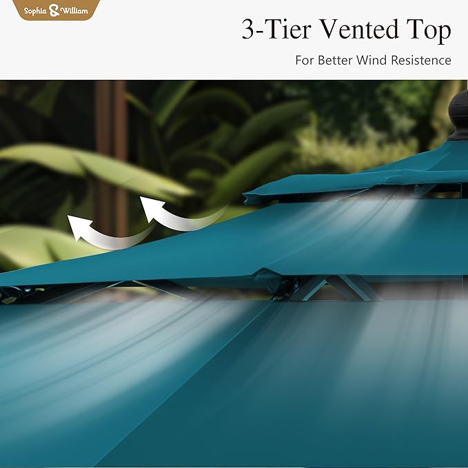 Sophia & William 10ft 3 Tier Auto-tilt Patio Umbrella, Outdoor Double Vented Umbrella with Crank, Cyan-blue