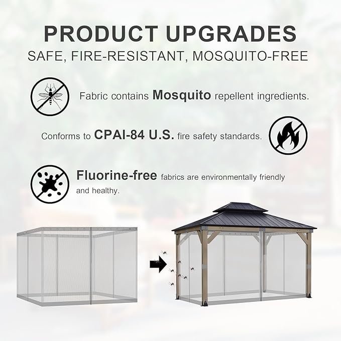 BPS 10' x 13' Gazebo Universal Mosquito Netting Screen Replacement, 4-Panel Screen Walls with Double Zippers for Outdoor Patio, Gray (Mosquito Net Only)
