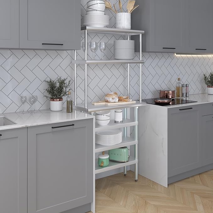 Amgood 14" x 30" Stainless Steel Work Table with 3 Shelves and 12" Wide Double Tier Overshelf | Metal Kitchen Prep Table & Shelving Combo | NSF