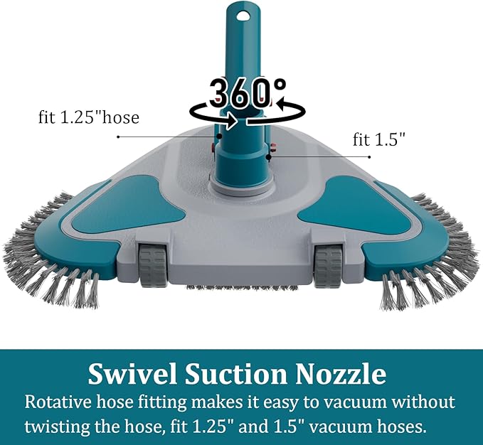 Upgrade Pro Weighted Triangular Pool Rotative Vacuum Head with Brush & EZ Clip Handle - for Cleaning Surface Safe on Vinyl Lined Pools
