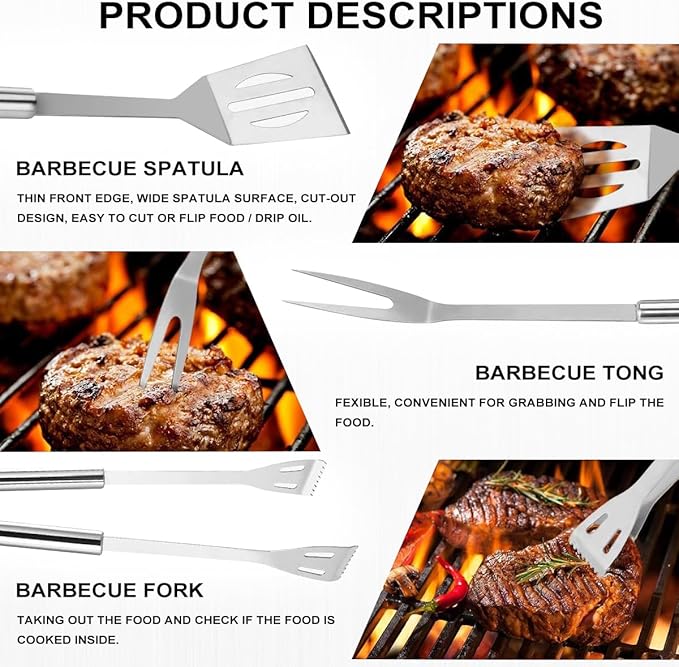 BBQ Grill Tool Set, 3Pcs Stainless Steel Barbeque Grilling Tool Set, Includes a Spatula/Fork/Pair of Tongs, and a Cloth Storage Bag, BBQ Tools for Backyard Outdoor Kitchen (3 Pack)