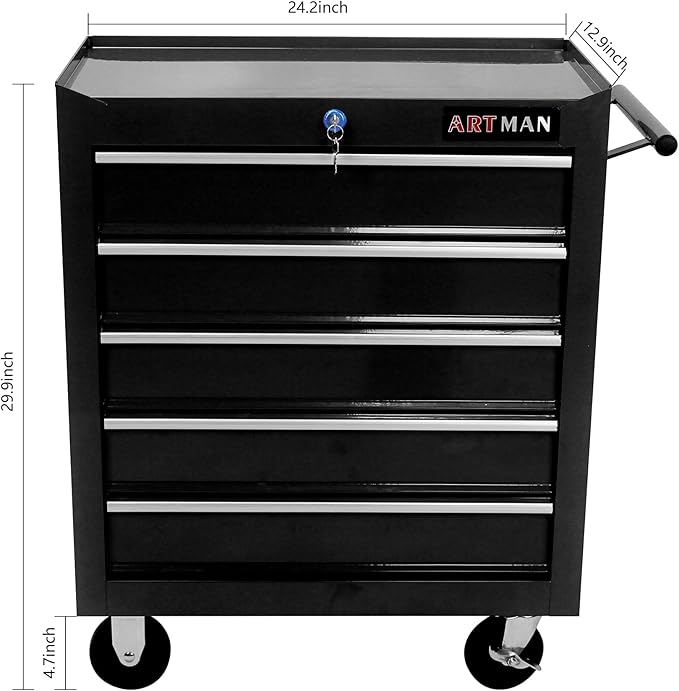 5-Drawer Tool Cart on Wheels, Rolling Tool Chest Storage, Trolley Organizer for Garage, Warehouse, Workshop, Repair Shop (5 Large Drawers-29.3"H-Black)