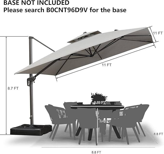 PURPLE LEAF 11 FT Cantilever Umbrella Outdoor Patio Umbrella Large Offset Square Umbrella Windproof Heavy Duty Hanging Outside Umbrellas for Patio, Pebble Grey