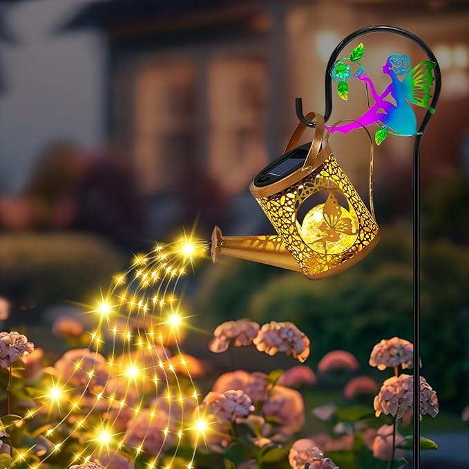 Solar Lights Garden Decorative, Solar Watering Can with Cascading Lights, Waterproof Metal Lantern with Fairy Shepherd Hook, Outdoor Decor for Yard, Patio, Gifts for Mother's Day, Christmas, Women