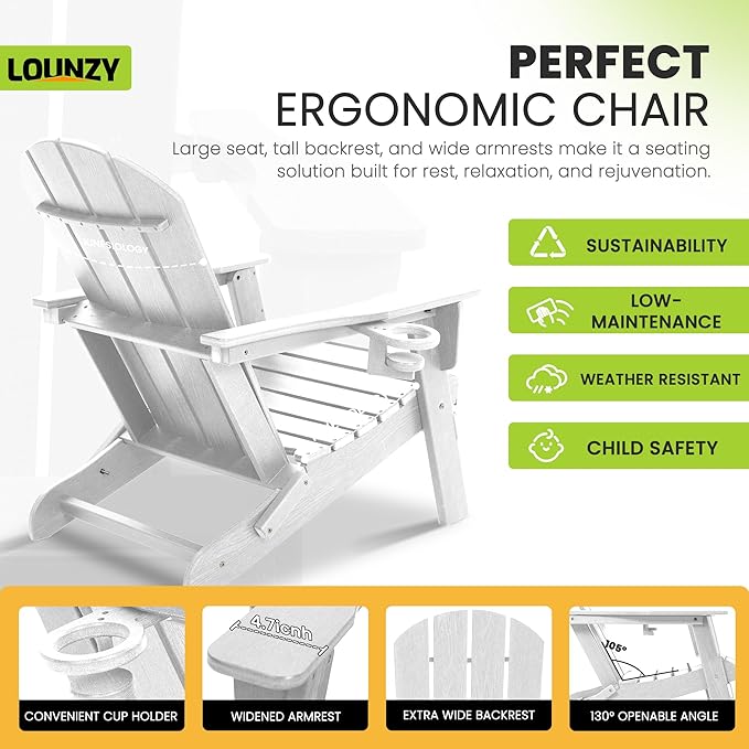 LOUNZY Folding Adirondack Chair, White
