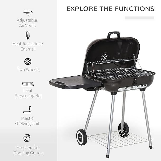 Outsunny Portable Charcoal Grill with Foldable Side Shelf and Bottom Shelf, BBQ Smoker with Wheels and Adjustable Vents on Lid for Picnic Camping Backyard Cooking, Black