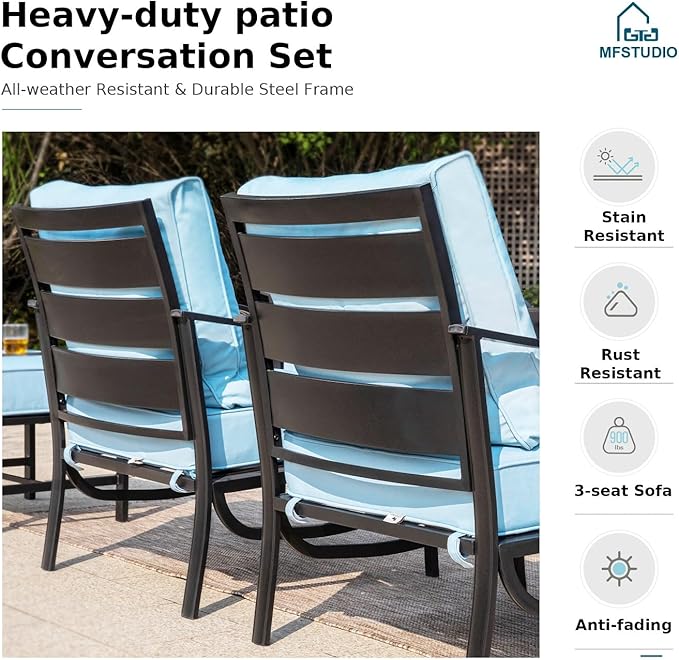 MFSTUDIO 4 Pieces Patio Conversation Sets, All Weather Metal Frame Outdoor Furniture Set Patio Sofas with 1 x 45 Rectangular Propane Fire Table, 1 x 3-Seat Sofa, 2 x Rocking Chairs, Blue Cushion