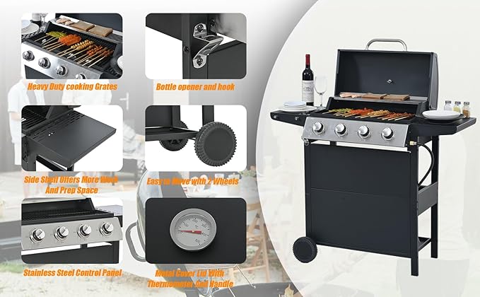 Propane Gas Grill 4 Burner Barbecue Grill, Stainless Steel 34,000 BTU Patio Garden Barbecue Grill with Two Shelves, Lid, Wheels and Bottle Opener