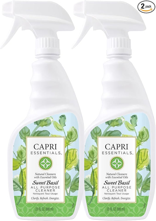 CAPRI ESSENTIALS All Purpose Cleaner, Natural Household Cleaning Supplies, Plant Based Kitchen Counter Surface Spray, Removes Dirt & Grime, Blend of Essential Oils, Sweet Basil 23 FL Oz (2 Pack)