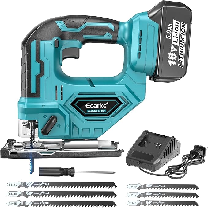Ecarke JigSaw Compatible With Makita 18V, Brushless Cordless jigsaw tool with Variable Speed LED Light, ±45° Bevel Cuts 3-Position Orbital Action for Cutting (With 5Ah Battery & Charger Station Kit)