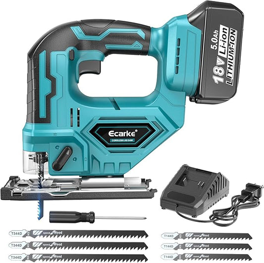 Ecarke JigSaw Compatible With Makita 18V, Brushless Cordless jigsaw tool with Variable Speed LED Light, ±45° Bevel Cuts 3-Position Orbital Action for Cutting (With 5Ah Battery & Charger Station Kit)