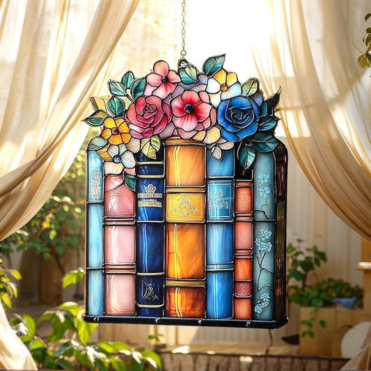 Floral Books Christmas Ornament Colorful Bookish Acrylic Suncatcher Stained Glass Effect Window Hanging for Book Lover Reading Nook Decor Gift for Librarian Readers