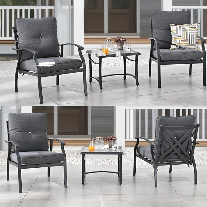 Patio Bistro Set 3 Pieces Metal Outdoor Furniture Sets Metal Patio Chairs with Side Table Dark Grey Thick Cushions Galvanized Steel Frame