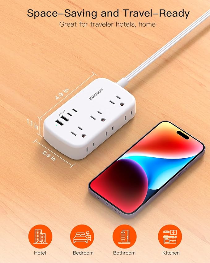 Flat Plug Extension Cord, Power Strip 25FT, 6 Outlets with 4 USB Ports(2 USB C), Wall Mount Charging Station, No Surge Protector for Home Office College Dorm Room Travel Essentials