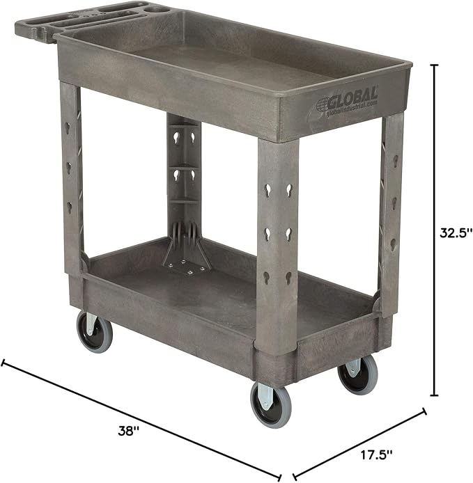 Global Industrial Plastic 2 Shelf Tray Service & Utility Cart, 38” x 17-1/2”, 5" Rubber Casters