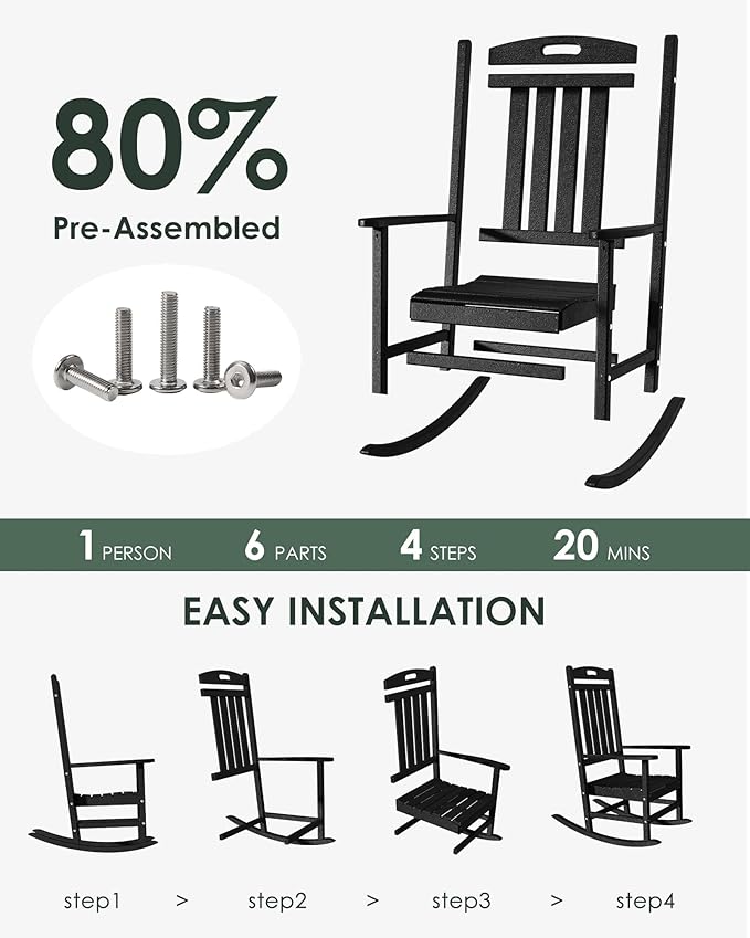 Outdoor Rocking Chair Set of 6, High Back Plastic Patio Rocking Chairs for Outside Porch Rocker Garden Lawn, All-Weather Resistant Poly Lumber Rocker Chair Outdoor, Lime