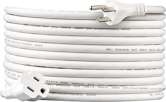 Amazon Basics Extension Cord, 20 Ft, 3 Prong Outlet Extender, Indoor Extension Cord, 13 Amps, 125V, White