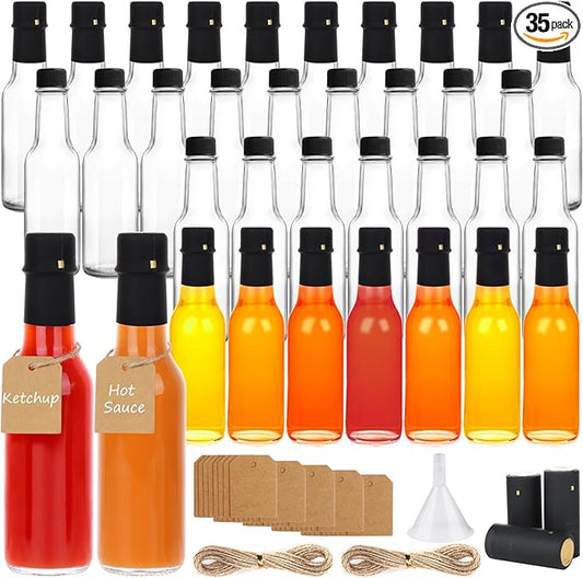 5 oz Hot Sauce Bottles, 35 Pack Clear Glass Woozy Bottles with Leak Proof Black Screw Caps, Empty Bottles for Sauces, Vanilla Extract, Wine, Beverage