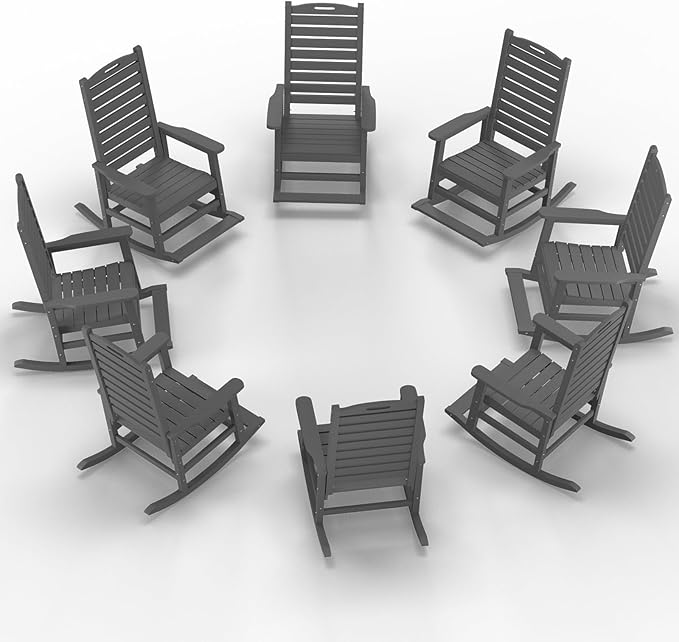 Outdoor Rocking Chair Set of 8 with Removable Footboard for Adults, HDPE High Back Patio Rocking Chairs, 330lbs All Weather Porch Rocking Chairs for Outdoor & Indoor -Grey