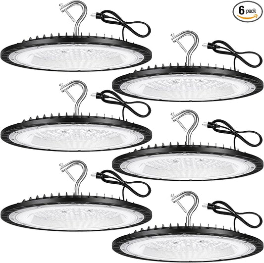6 Pack 150W UFO Led High Bay Light Fixture,5000K Daylight Commercial Shop Bay Lighting,120VAC,21000LM,[650W MH/HPS Equiv.] US Plug Area Lighting for Warehouse/Barn/Gym/Factory/Workshop