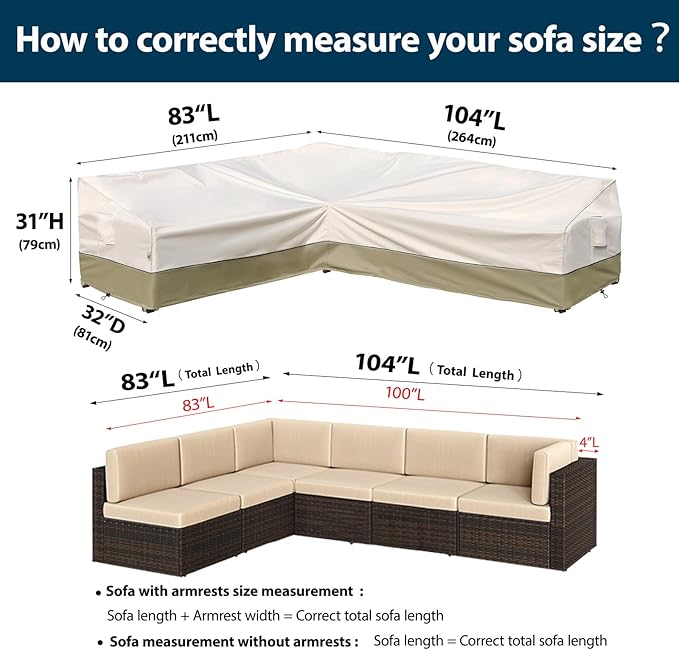 Outdoor Sectional Cover-L-Shaped Patio Furniture Covers Waterproof Rip-Stop Anti-UV 600D Heavy Duty Outdoor Couch Cover with 3 Air Vents, Left-facing, 83''L(104''L)32''D 31''H, Light Green