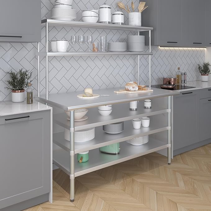 Amgood 30" x 60" Stainless Steel Work Table with 3 Shelves and 12" Wide Double Tier Overshelf | Metal Kitchen Prep Table & Shelving Combo | NSF