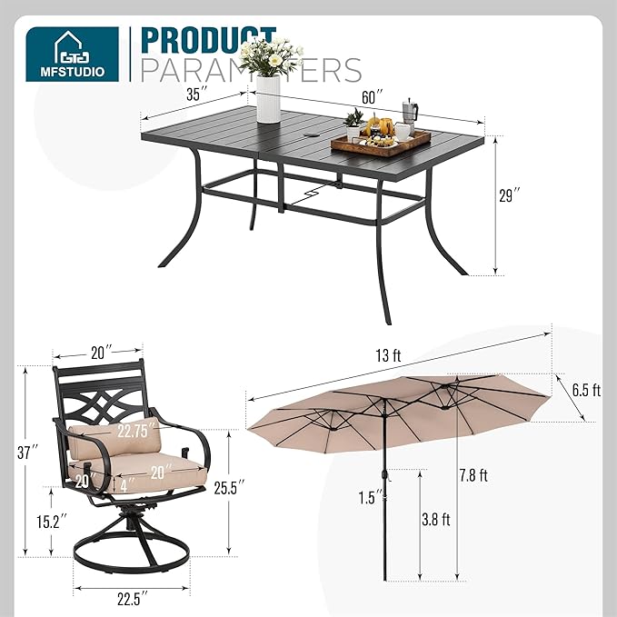MFSTUDIO Outdoor Dining Set with Umbrella, Patio Dining Sets for 6 Persons, Patio Furniture Set with Umbrella for Deck Backyard Garden (Umbrella Base Not Included)