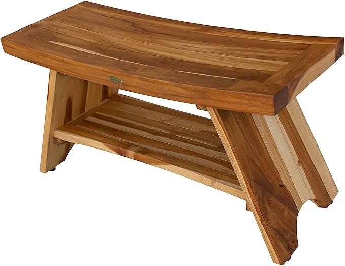 EcoDecors 35 Inch Serenity Teak Shower Bench – Waterproof Bathroom Seat with Large Storage Shelf For Adults & Seniors | Spa-Style Teak Wood Stool with Non-Slip Feet, Elegant Finish, 300 Pound Capacity