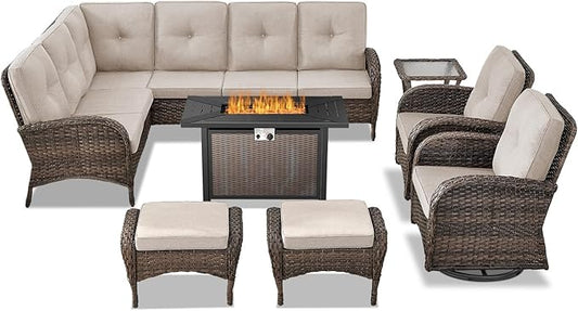 Belord 8 Pieces Patio Conversation Set with 43” Propane Fire Pit Table, Outdoor Sectional Furniture Sofa Set with Removable Cushions for Patio Deck Backyard Brown