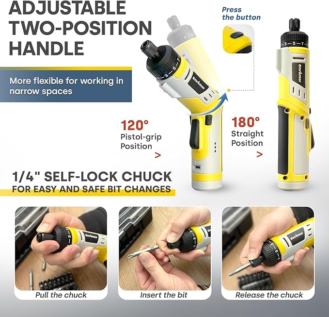 Enventor 4V Cordless Power Screwdriver Kit, Electric Screwdriver Set with 52pcs Accessories, 2000mAh Battery, Type-C Charging, 4.5Nm Screw Gun, 9+1 Torque Setting, 2 Position Handle, LED & Flashlight