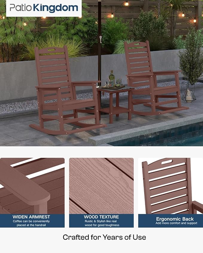 Outdoor Rocking Chairs Set of 2 with Footrest, HDPE Modern Rocking Lawn Chair for Garden, Poolside, Deck (Brown)