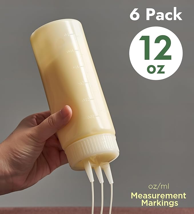 CURTA 6-Pack 12 oz Clear Squeeze Bottle with 3 Open Tips, BPA-Free Easy-to-Squeeze Plastic Condiment Dispenser with oz & ml Markings for Sauce, Oil, Dressing, Dishwasher Safe, White