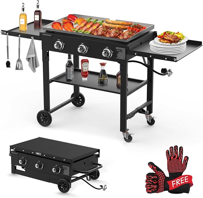Llamaviva 3 Burner 35" Flat Top Grill with Foldable Shelves 45000 BTU Outdoor Griddle for Propane High-Pressure Systems Portable BBQ Grill