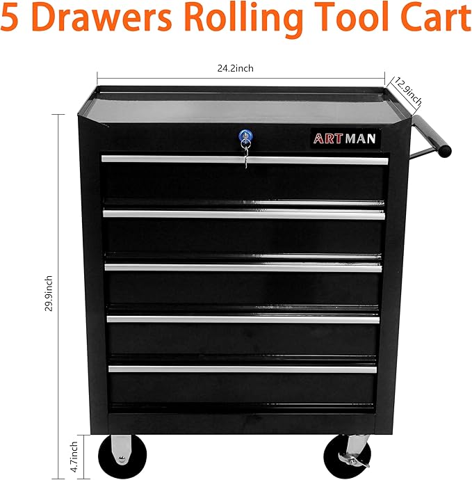 5 Large Drawers Rolling Tool Cart on Wheels, Trolley Organizer Tool Case Chest, Multifunctional Storage Tool Box for Workshop, Garage, Warehouse, Repair Shop (5 Drawers-29.3" H-Black)