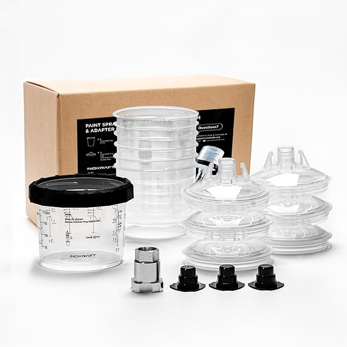 InoKraft Disposable Paint Spray Gun Cup, Mini 6 Ounce (180ml) Kit with 6 Cups and Lids, 1 Hard Cup with Retainer Ring, 3 Plugs, Paint System for HVLP LVLP Spray Gun with Adapter for Beginner