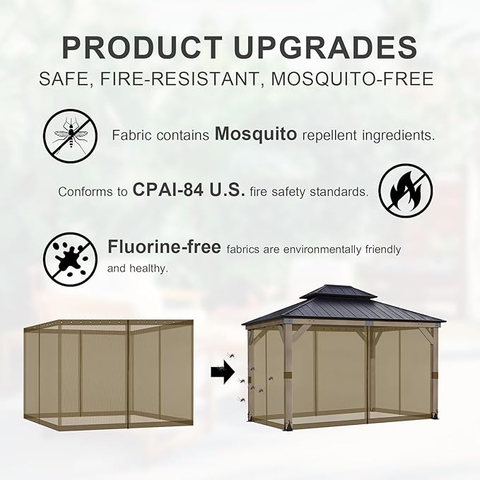 BPS 12' x 14' Gazebo Universal Mosquito Netting Screen Replacement, 4-Panel Screen Walls with Double Zippers for Outdoor Patio, Brown (Mosquito Net Only)